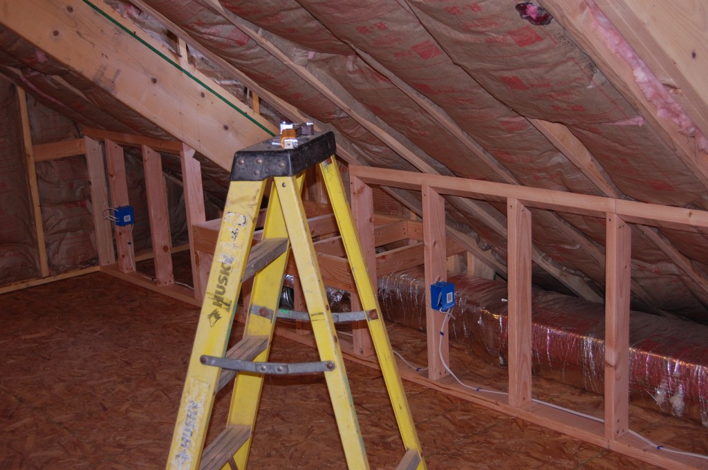 Here is the knee-wall in the front that closes in the HVAC plenum. The rafters were packed with R-38 insulation, and they changed the climate of the upstairs immediately!