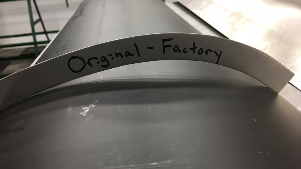 Theirs - not even close... This is a contour gauge we formed to match several "virgin" E-Types that still carry their original sills. against the commonly available outer sills from "the other guys". If you are purchasing outer sills from ANYWHERE else, you are getting this brand in black primer, and this is how they are ALL shaped - which is VERY wrong...